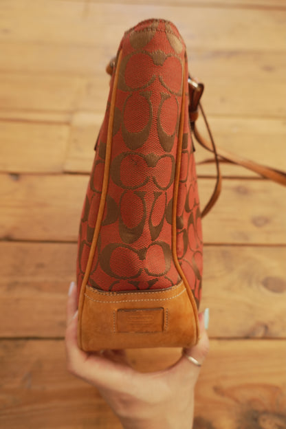 Coach Tote Bag Leather Canvas Red Tan Brown Hand Bag