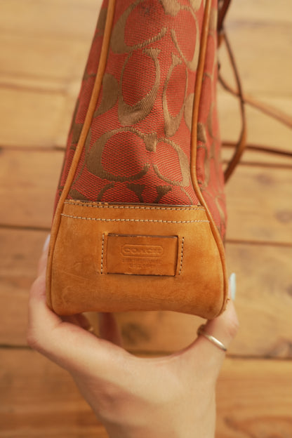 Coach Tote Bag Leather Canvas Red Tan Brown Hand Bag