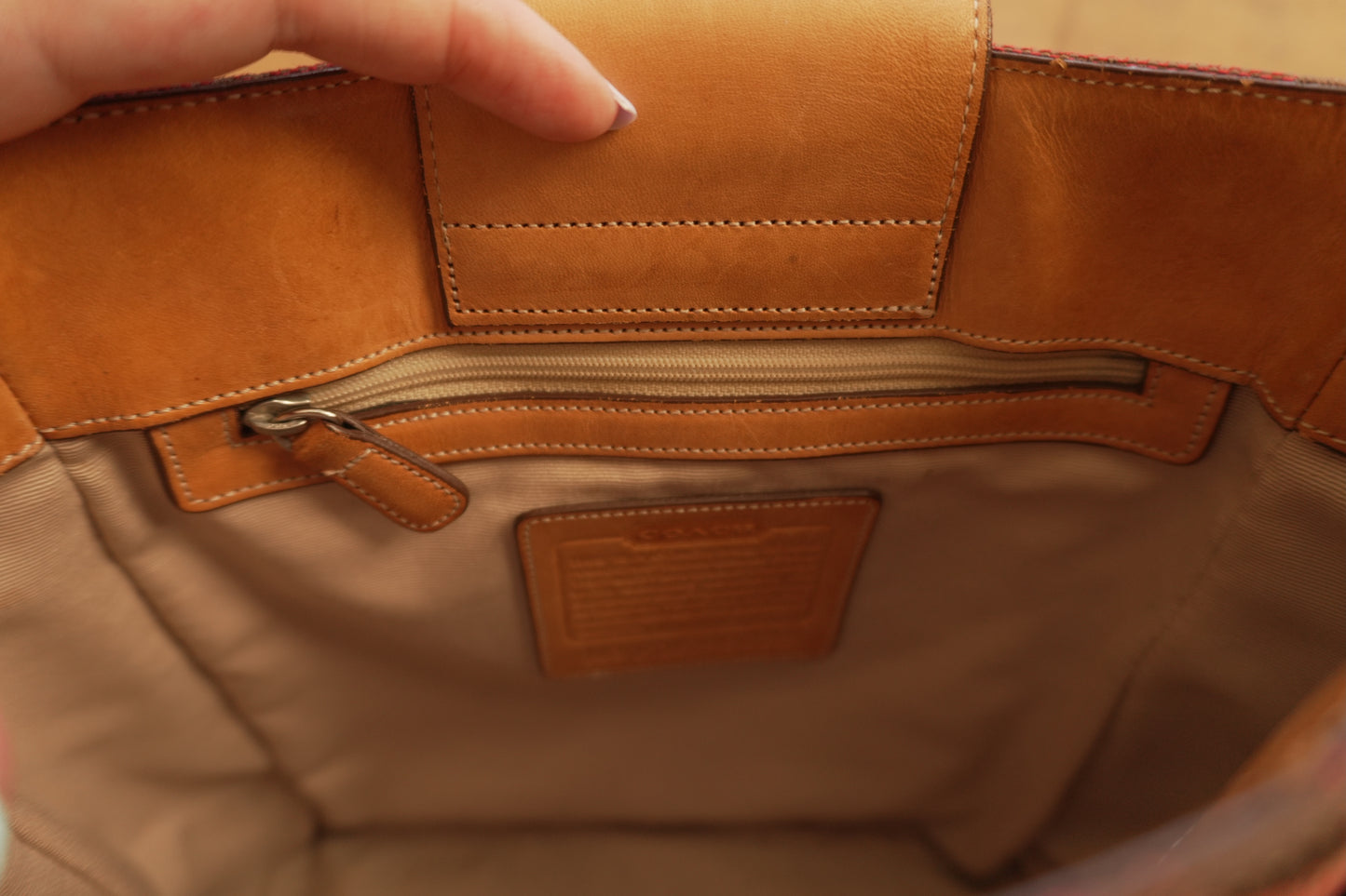 Coach Tote Bag Leather Canvas Red Tan Brown Hand Bag