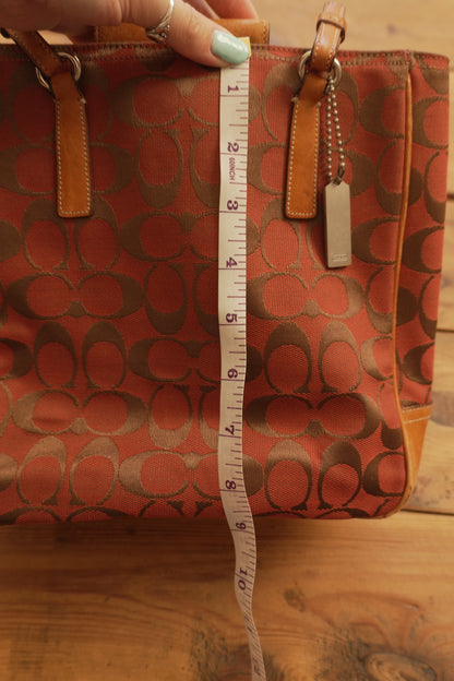 Coach Tote Bag Leather Canvas Red Tan Brown Hand Bag