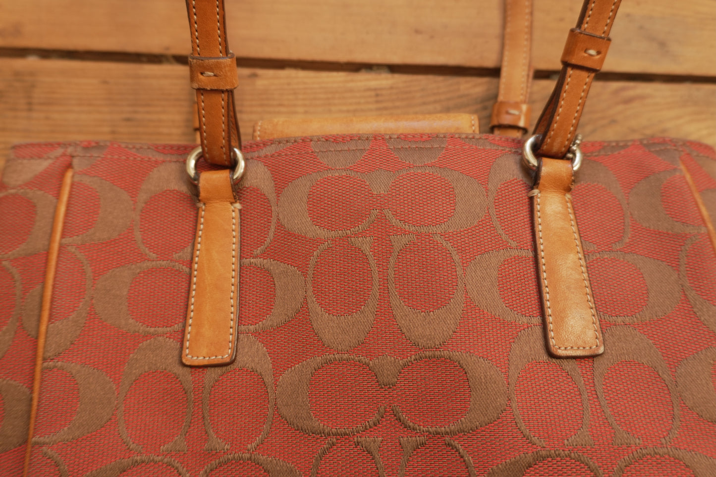 Coach Tote Bag Leather Canvas Red Tan Brown Hand Bag