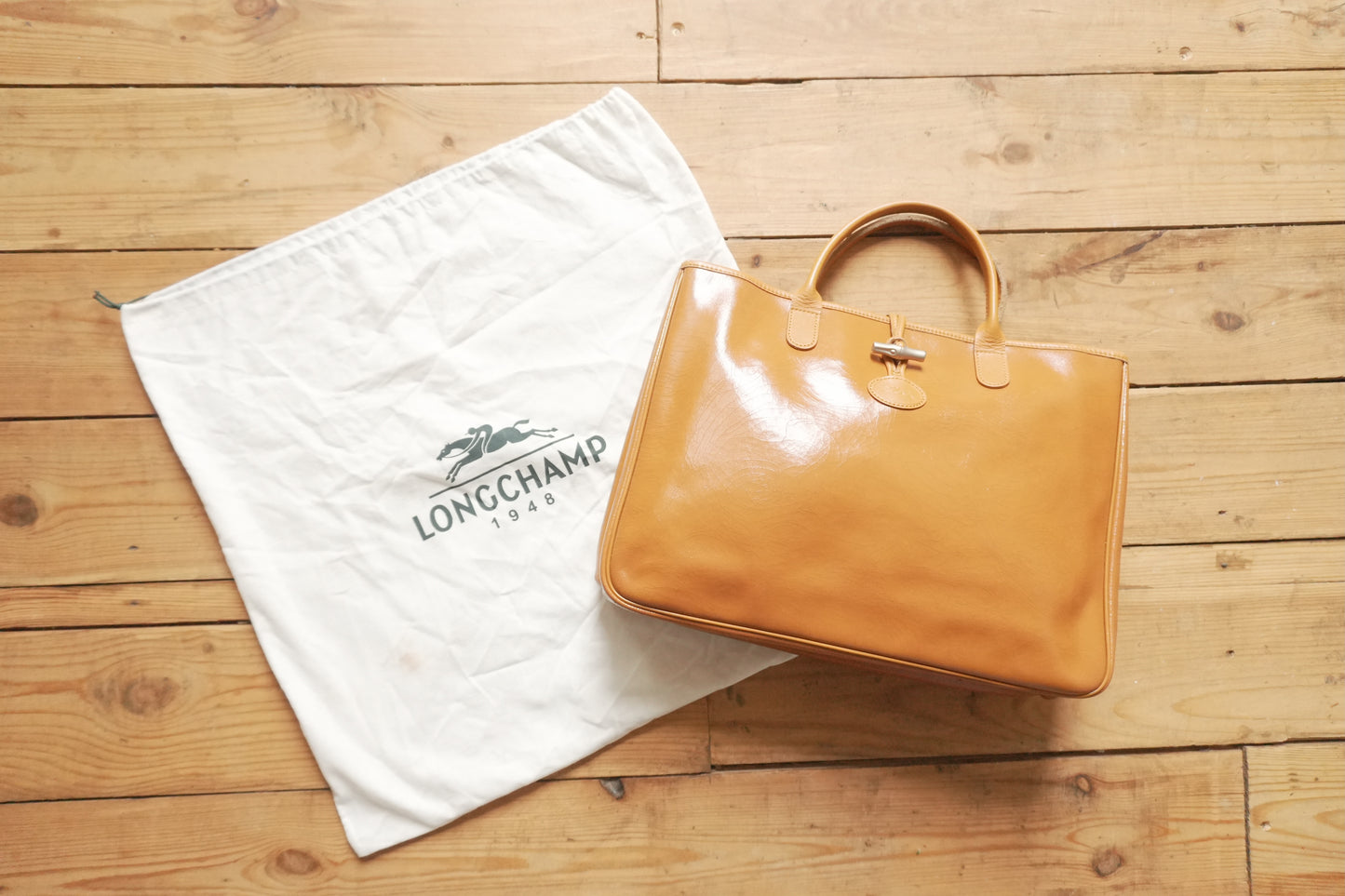 Longchamp Leather Tote Bag Orange Roseau Handbag Horse Logo with dust bag