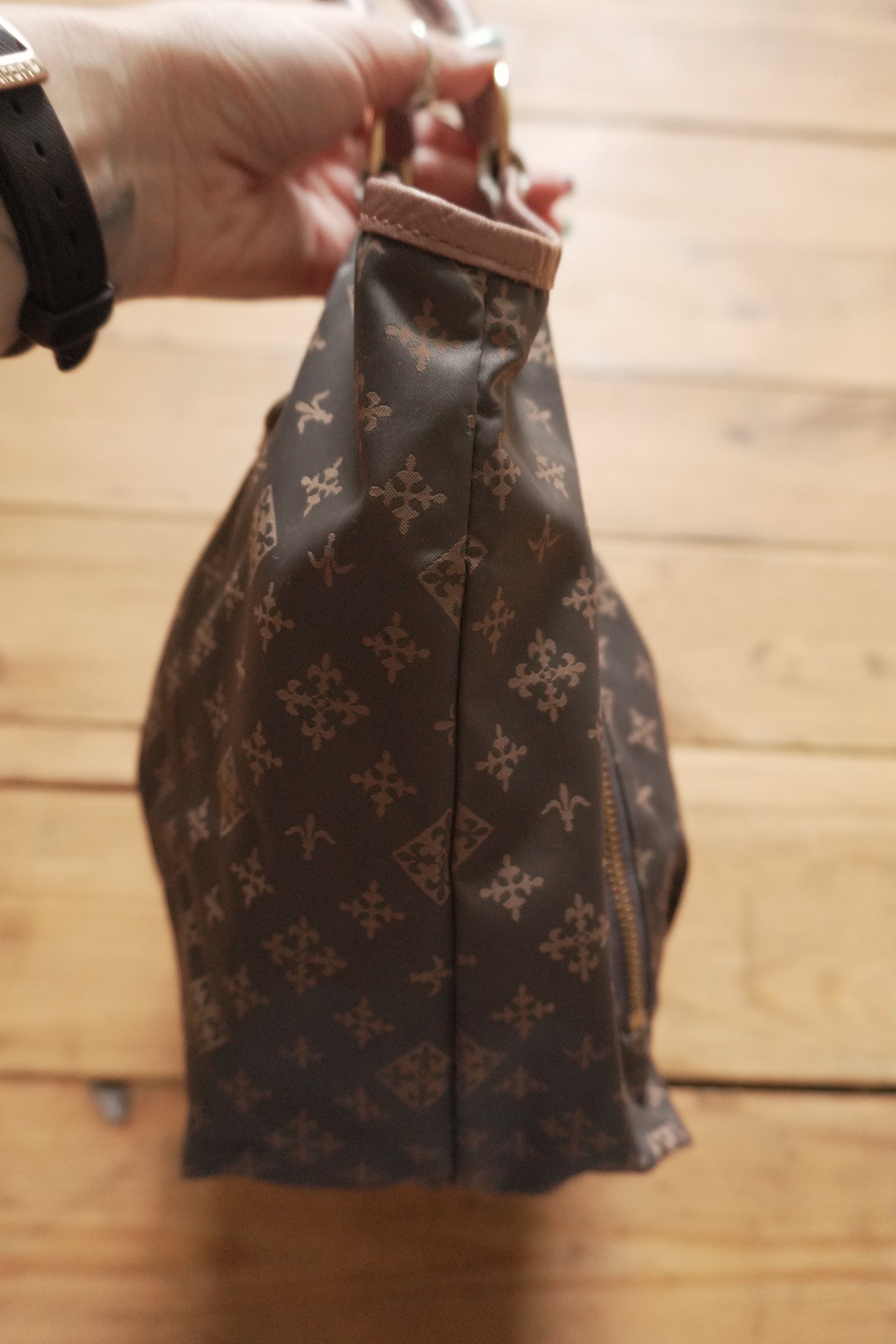 Russet Tote Bag Brown Nylon Geometric Pattern Pink Double Handle Hand Bag Shopper Gold Hardware