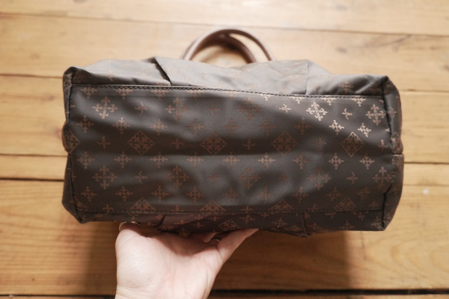 Russet Tote Bag Brown Nylon Geometric Pattern Pink Double Handle Hand Bag Shopper Gold Hardware