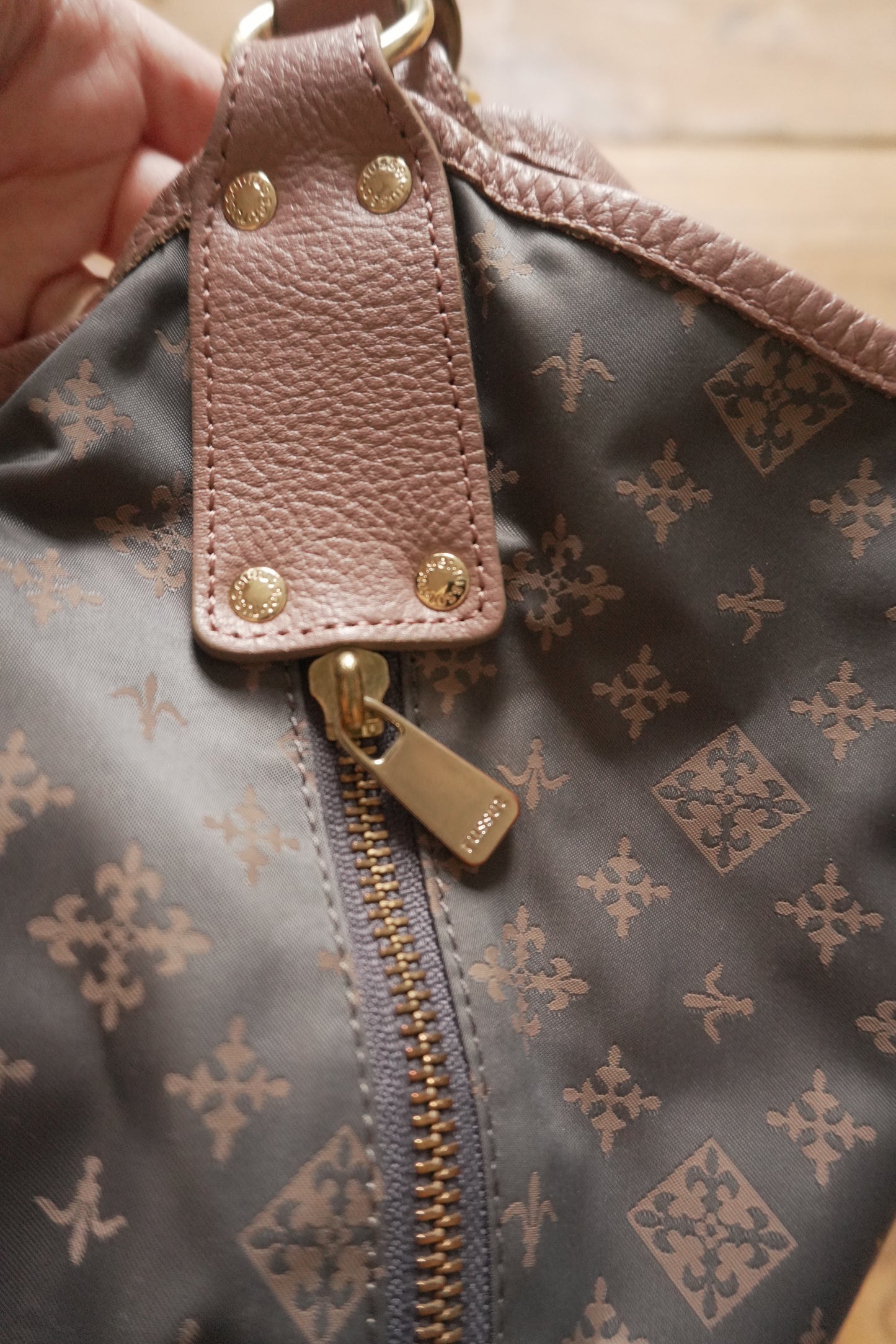 Russet Tote Bag Brown Nylon Geometric Pattern Pink Double Handle Hand Bag Shopper Gold Hardware