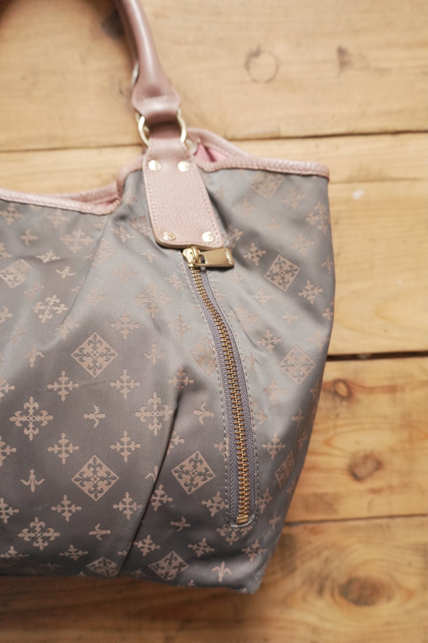 Russet Tote Bag Brown Nylon Geometric Pattern Pink Double Handle Hand Bag Shopper Gold Hardware