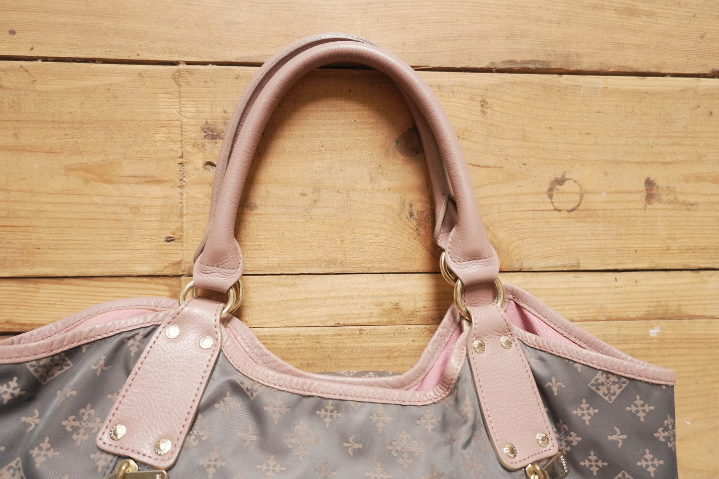 Russet Tote Bag Brown Nylon Geometric Pattern Pink Double Handle Hand Bag Shopper Gold Hardware