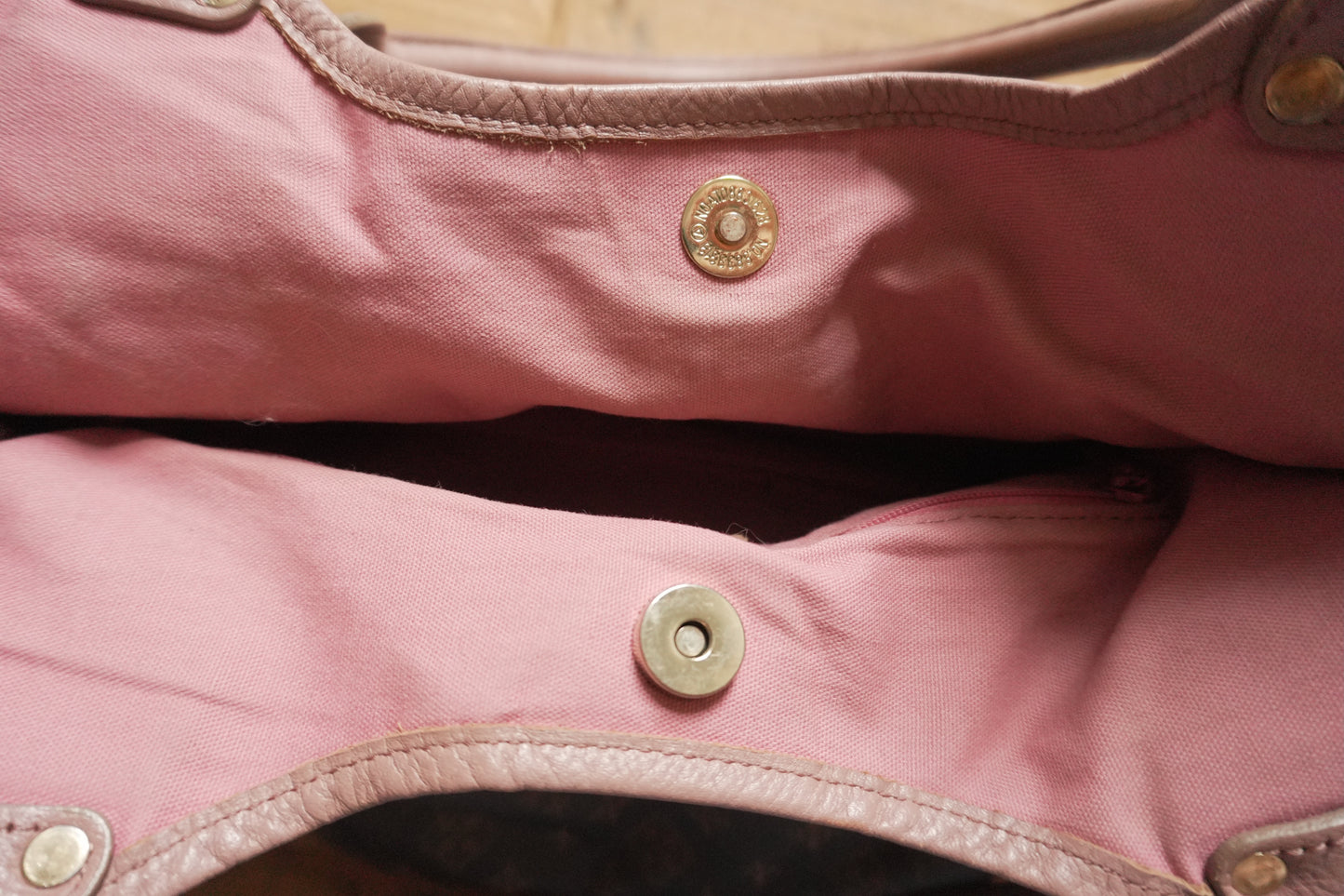 Russet Tote Bag Brown Nylon Geometric Pattern Pink Double Handle Hand Bag Shopper Gold Hardware