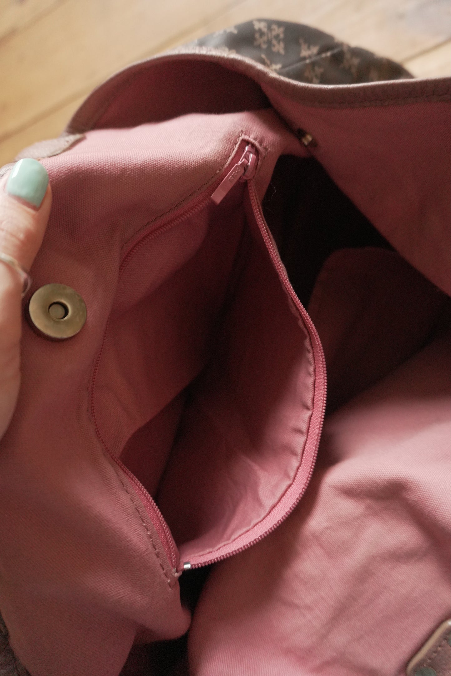 Russet Tote Bag Brown Nylon Geometric Pattern Pink Double Handle Hand Bag Shopper Gold Hardware