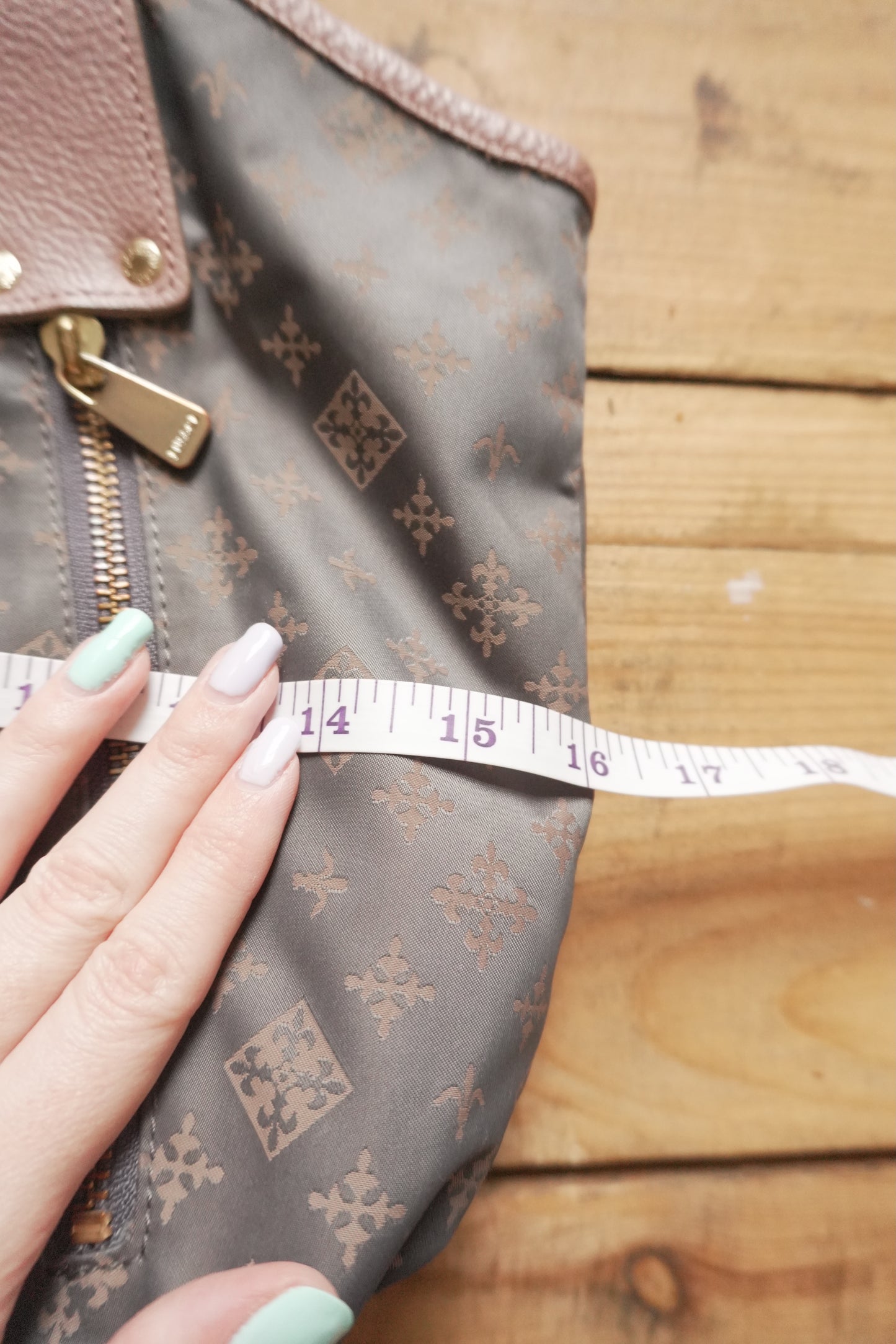 Russet Tote Bag Brown Nylon Geometric Pattern Pink Double Handle Hand Bag Shopper Gold Hardware