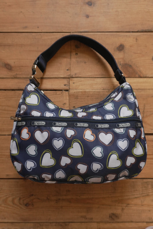 LeSportsac Handbag Heart Pattern Navy Blue White Nylon Women's