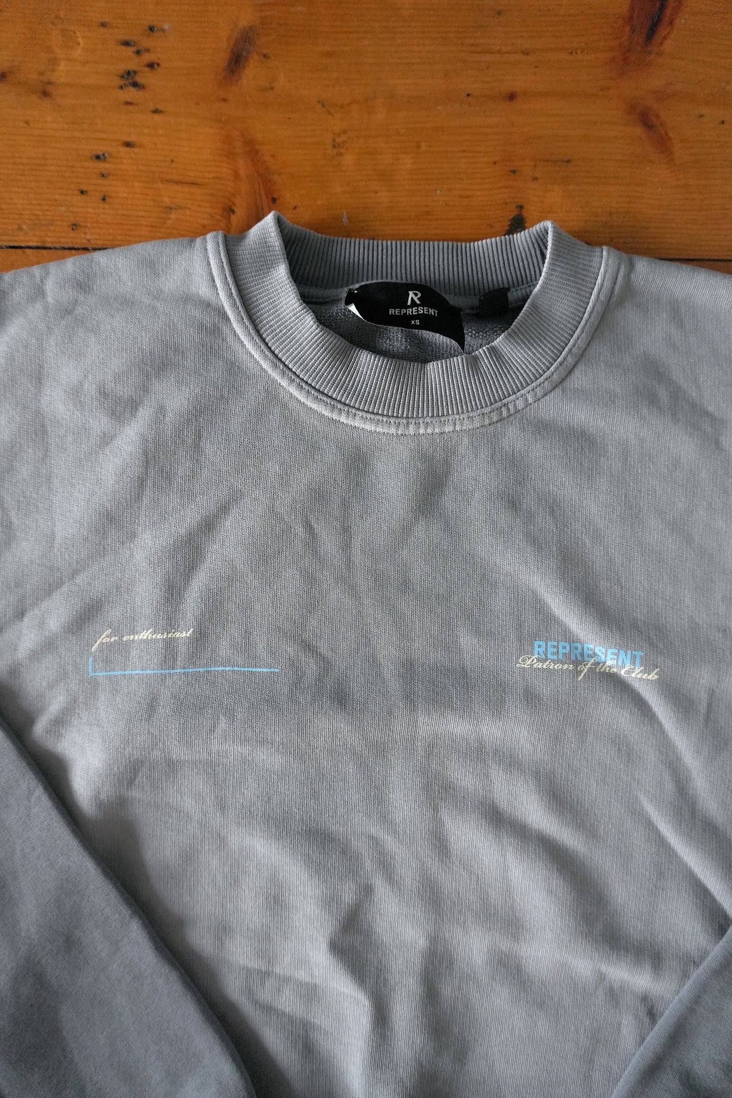 Represent Patron of the Club Sweatshirt – Washed Blue/Grey, Oversized Fit XS