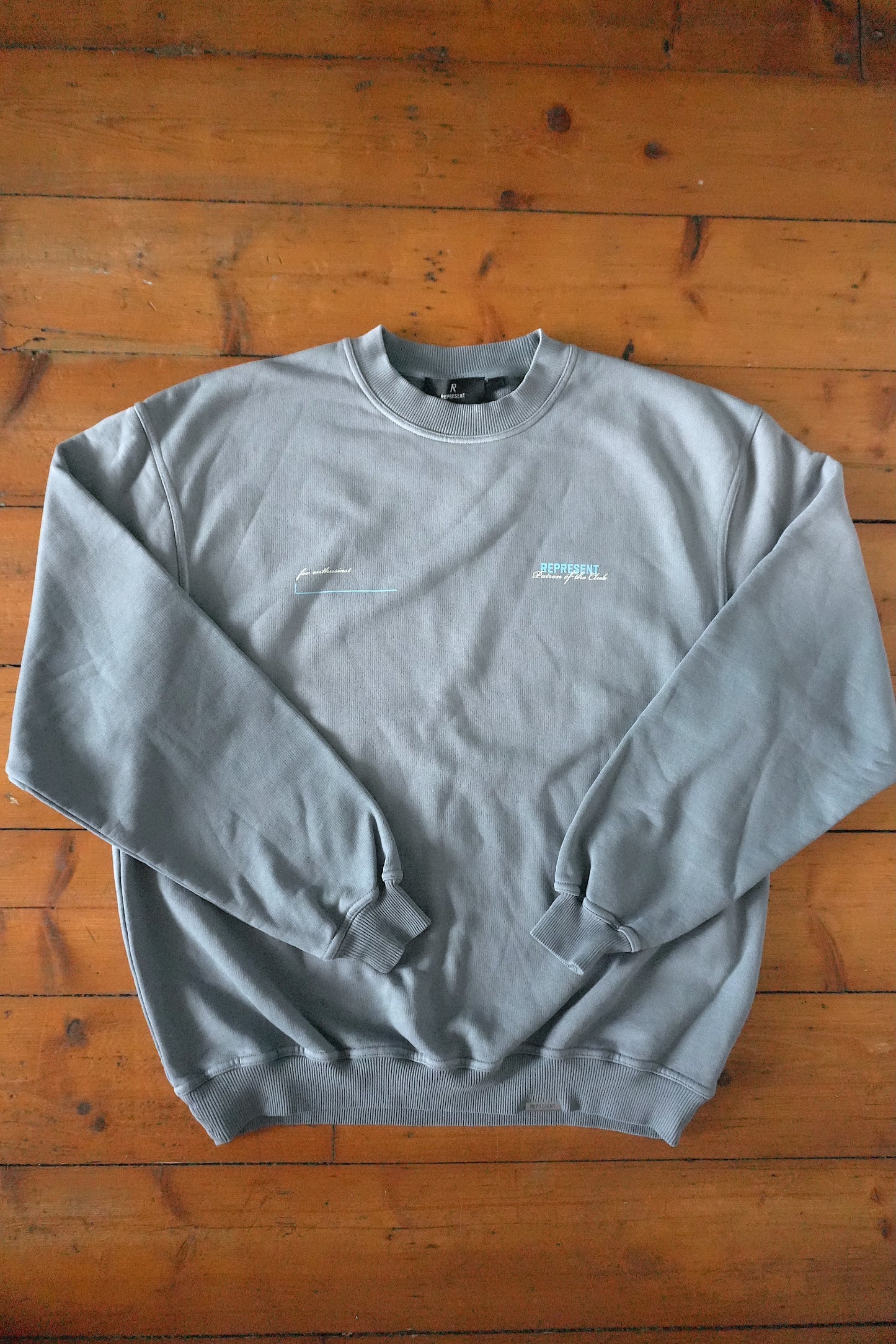 Represent Patron of the Club Sweatshirt – Washed Blue/Grey, Oversized Fit Small
