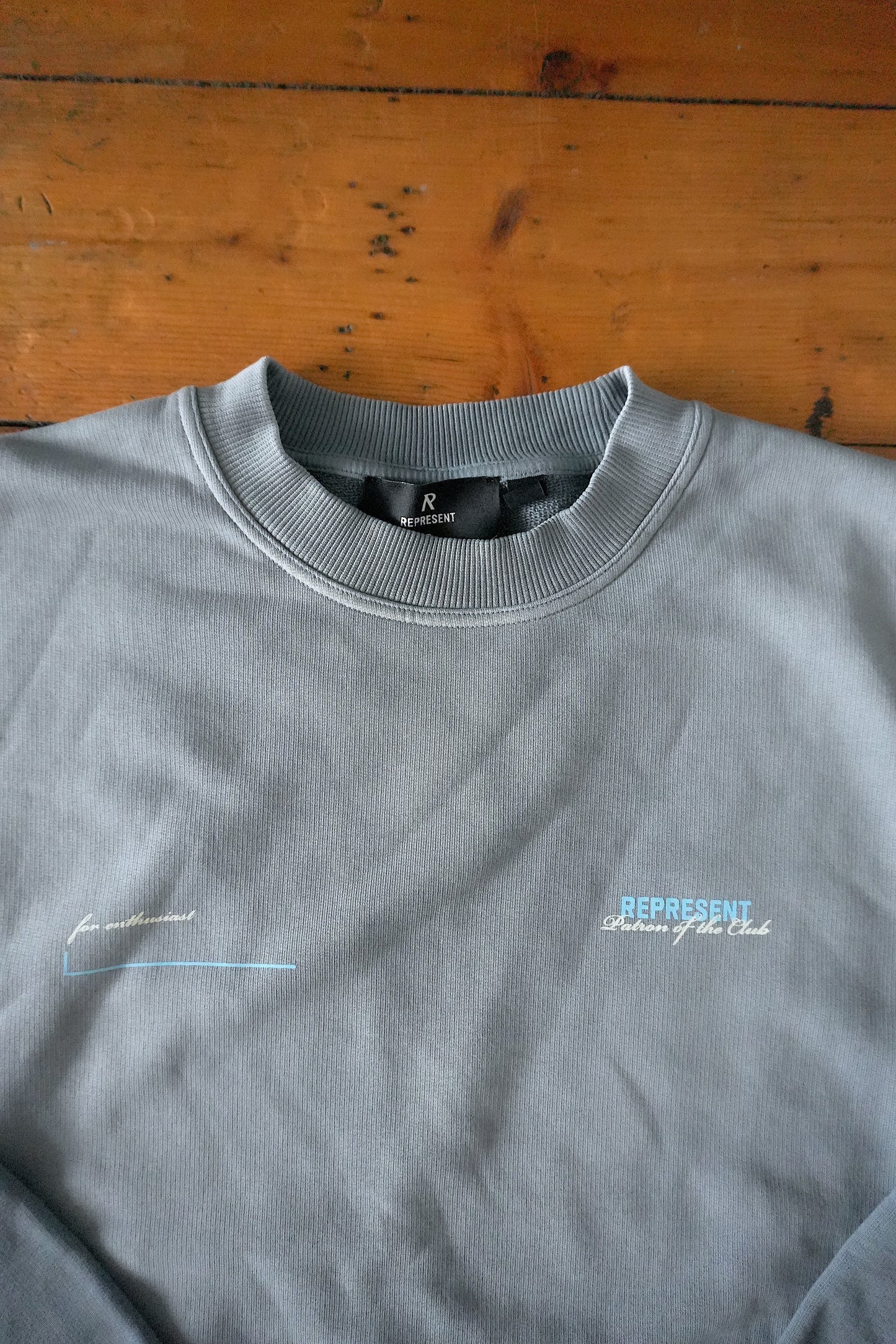 Represent Patron of the Club Sweatshirt – Washed Blue/Grey, Oversized Fit Small