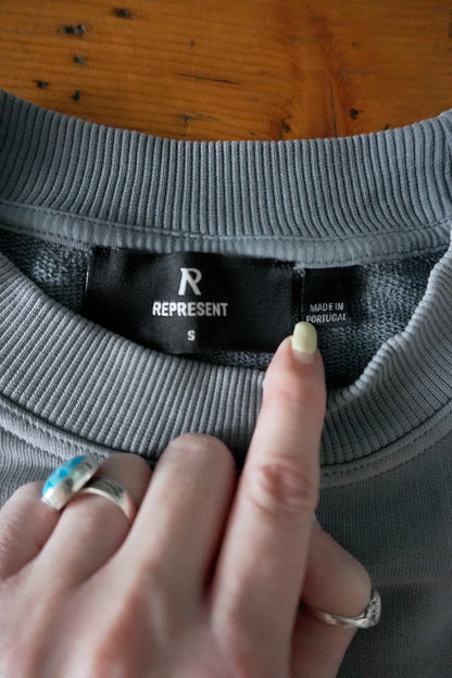 Represent Patron of the Club Sweatshirt – Washed Blue/Grey, Oversized Fit Small