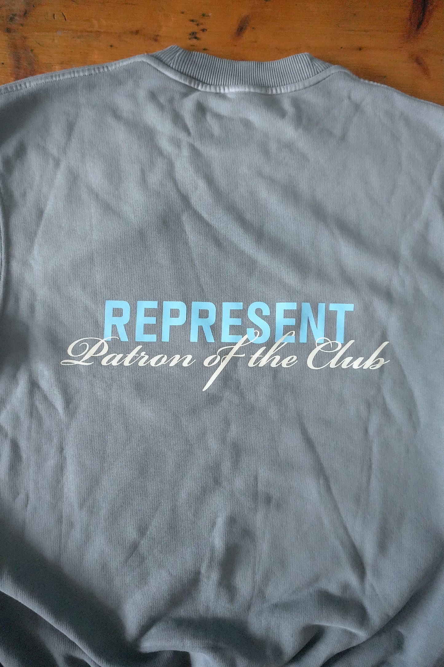 Represent Patron of the Club Sweatshirt – Washed Blue/Grey, Oversized Fit Small