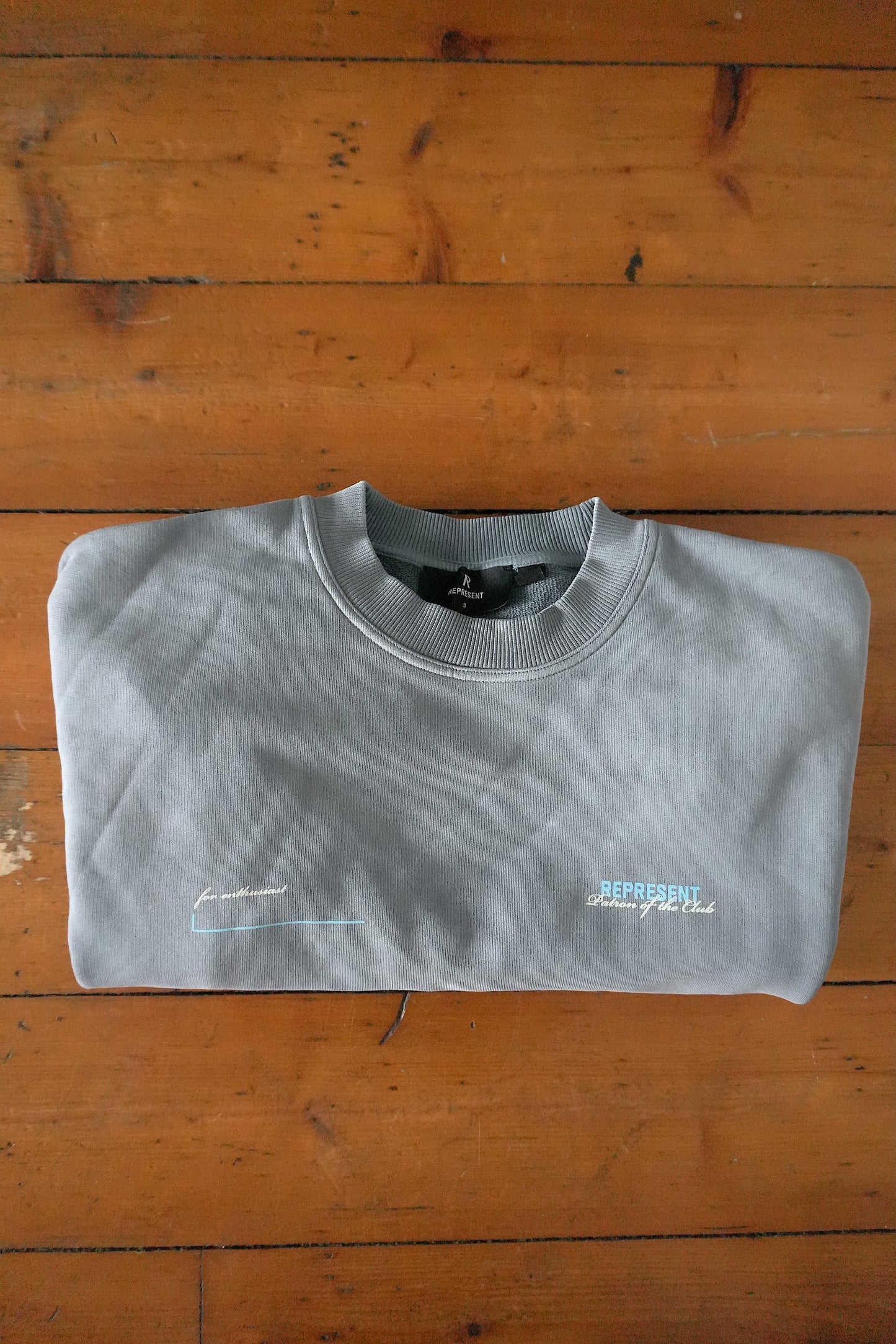 Represent Patron of the Club Sweatshirt – Washed Blue/Grey, Oversized Fit Small
