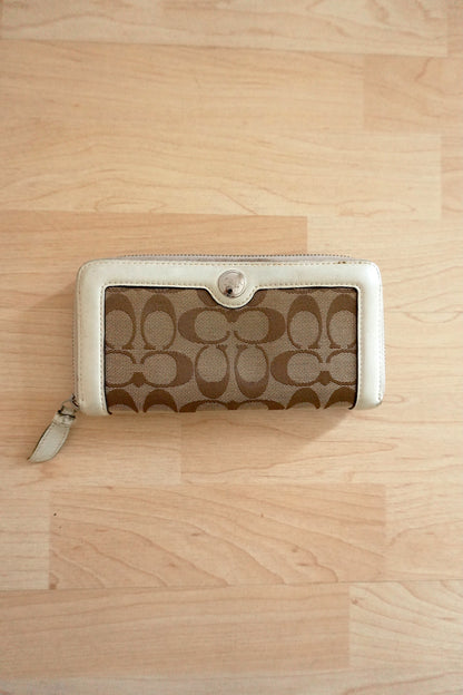 Vintage Coach Zip Around Wallet Cream Beige Monogram Leather Canvas Long Purse