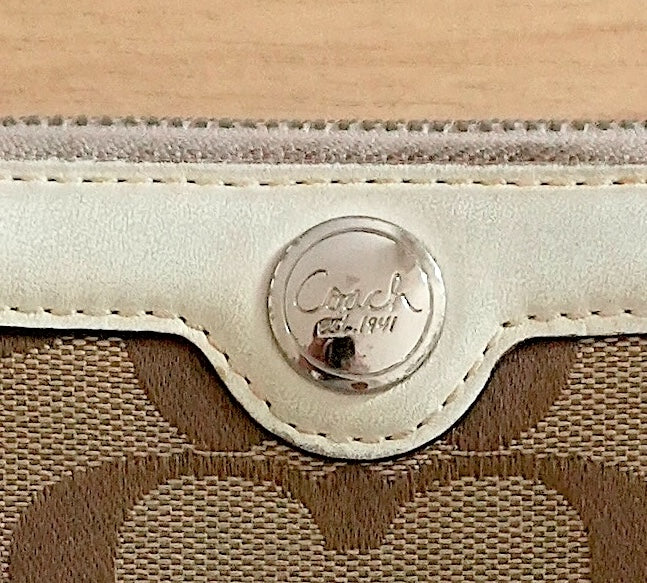 Vintage Coach Zip Around Wallet Cream Beige Monogram Leather Canvas Long Purse