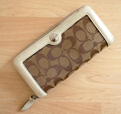 Vintage Coach Zip Around Wallet Cream Beige Monogram Leather Canvas Long Purse