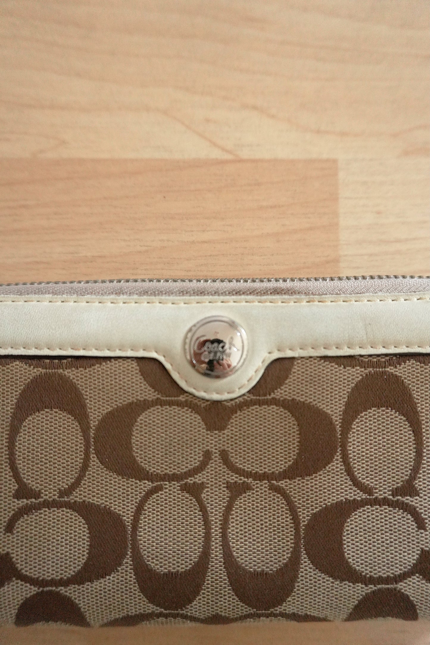 Vintage Coach Zip Around Wallet Cream Beige Monogram Leather Canvas Long Purse