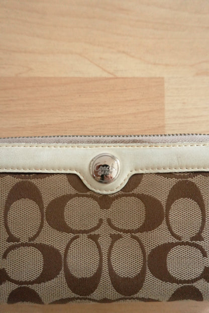 Vintage Coach Zip Around Wallet Cream Beige Monogram Leather Canvas Long Purse