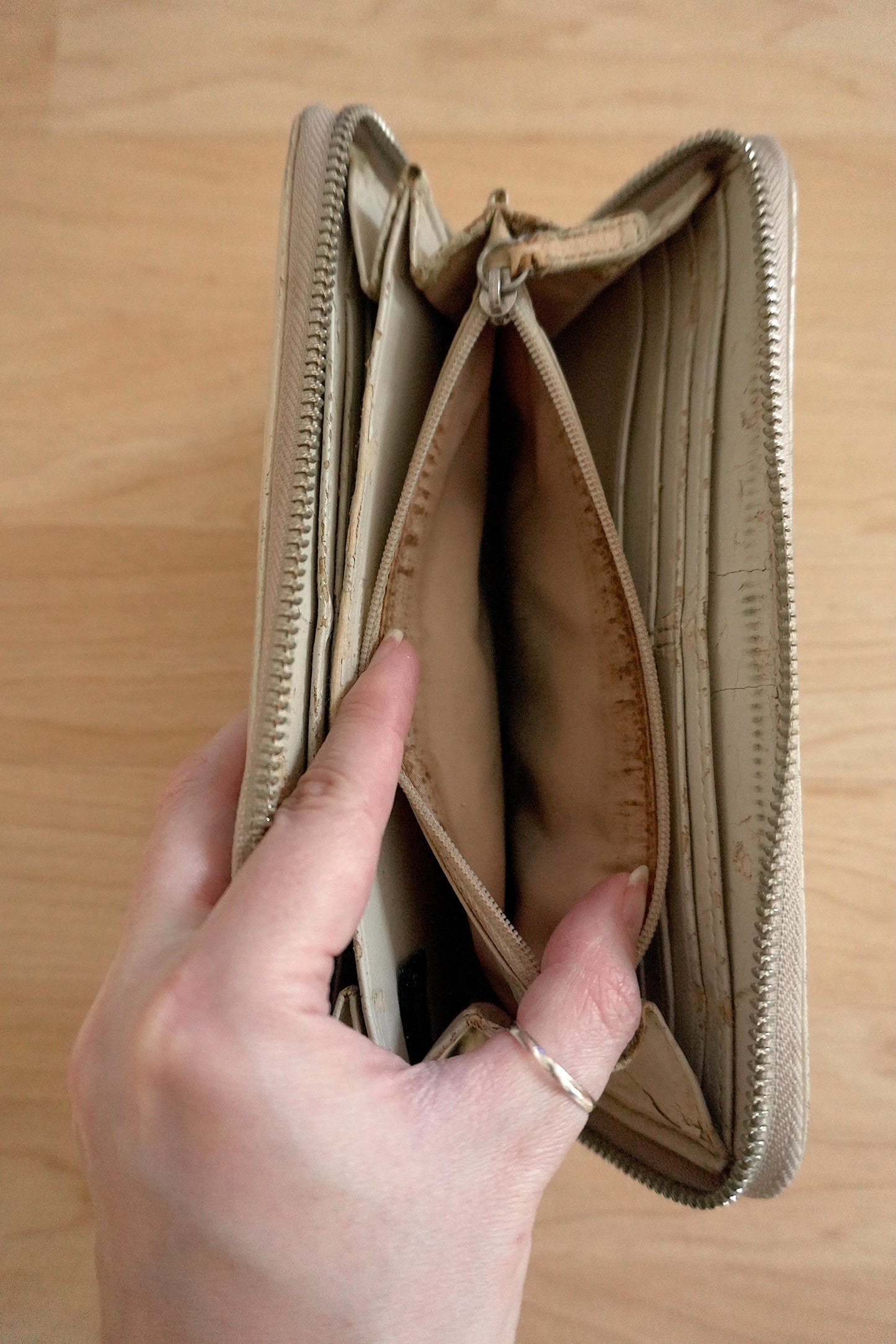 Vintage Coach Zip Around Wallet Cream Beige Monogram Leather Canvas Long Purse