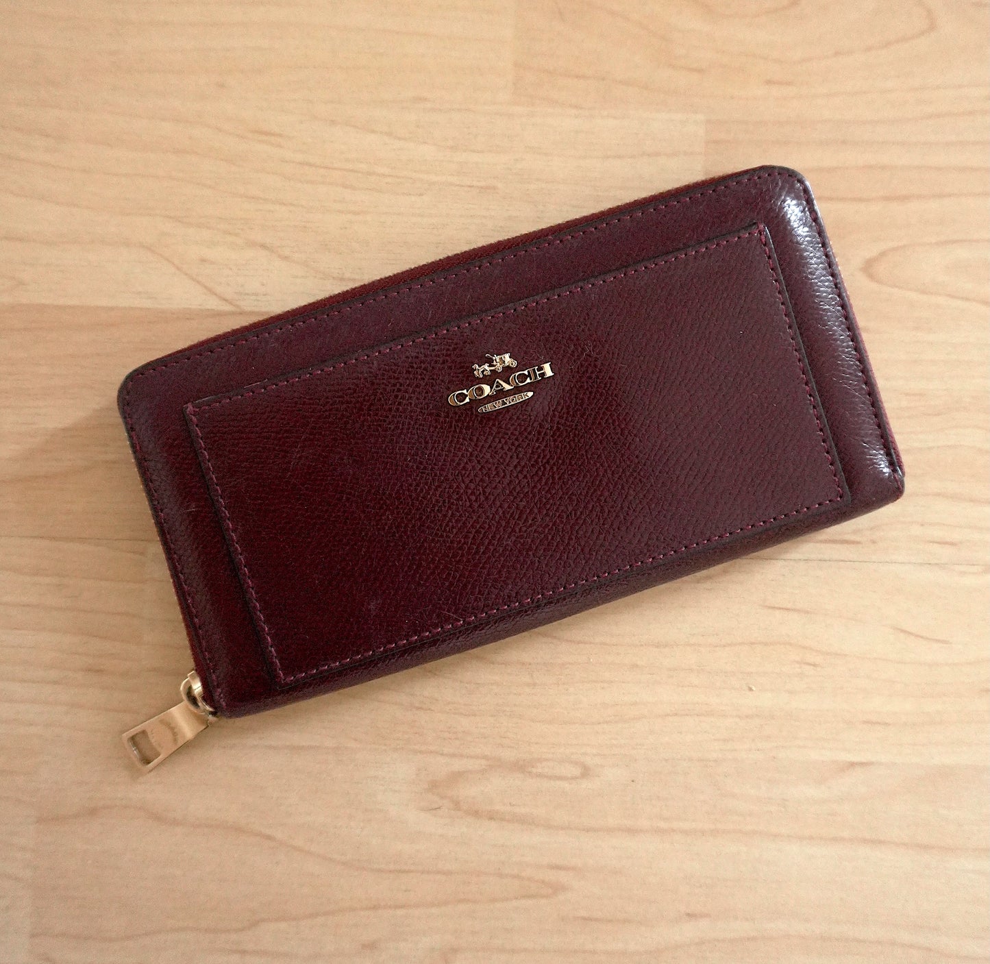 Coach Wallet Burgundy Leather Zip Around Long Purse Gold Hardware Women