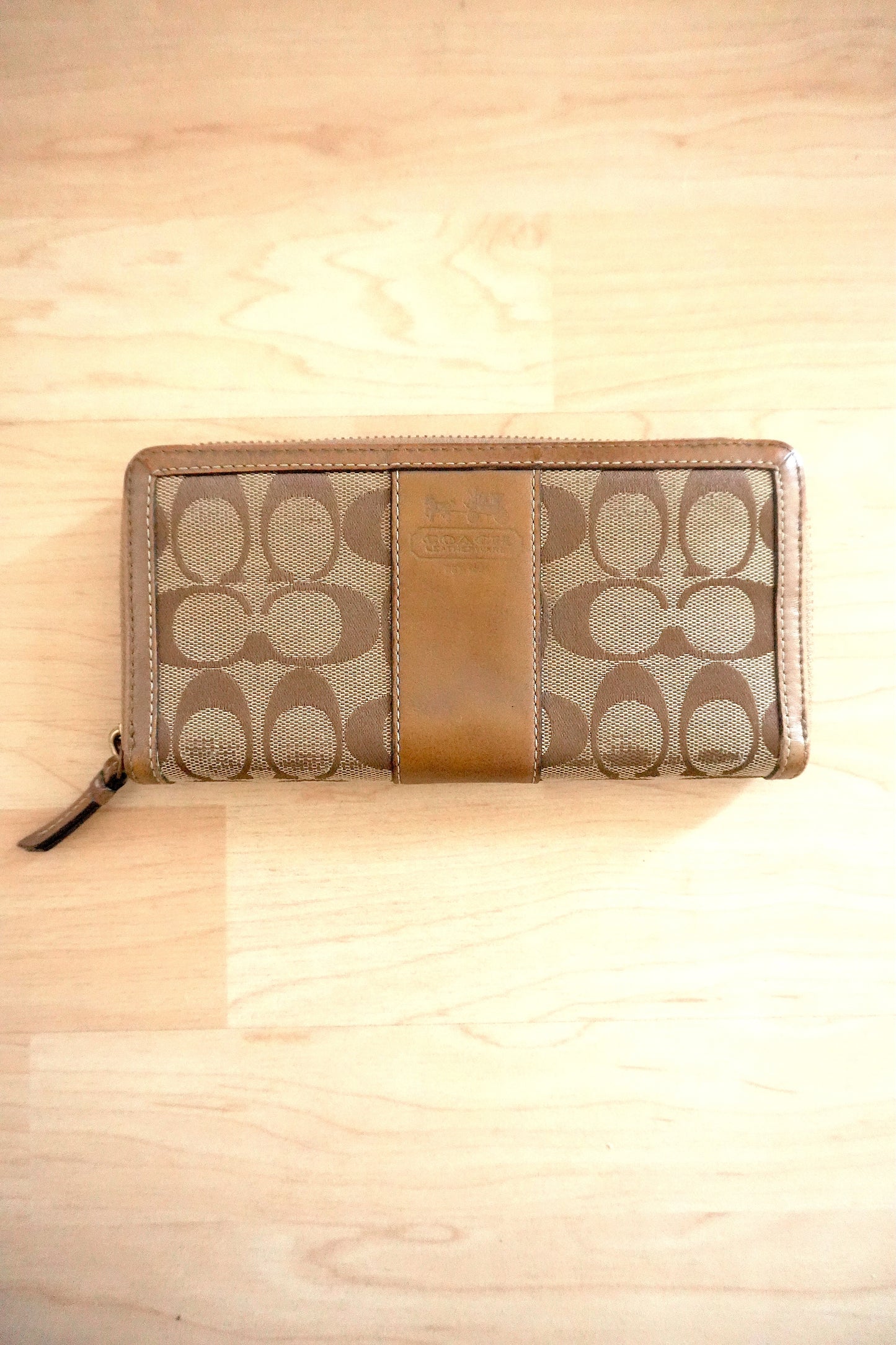 Vintage Coach Zip Around Wallet Brown Leather Monogram Canvas Long Purse Gold