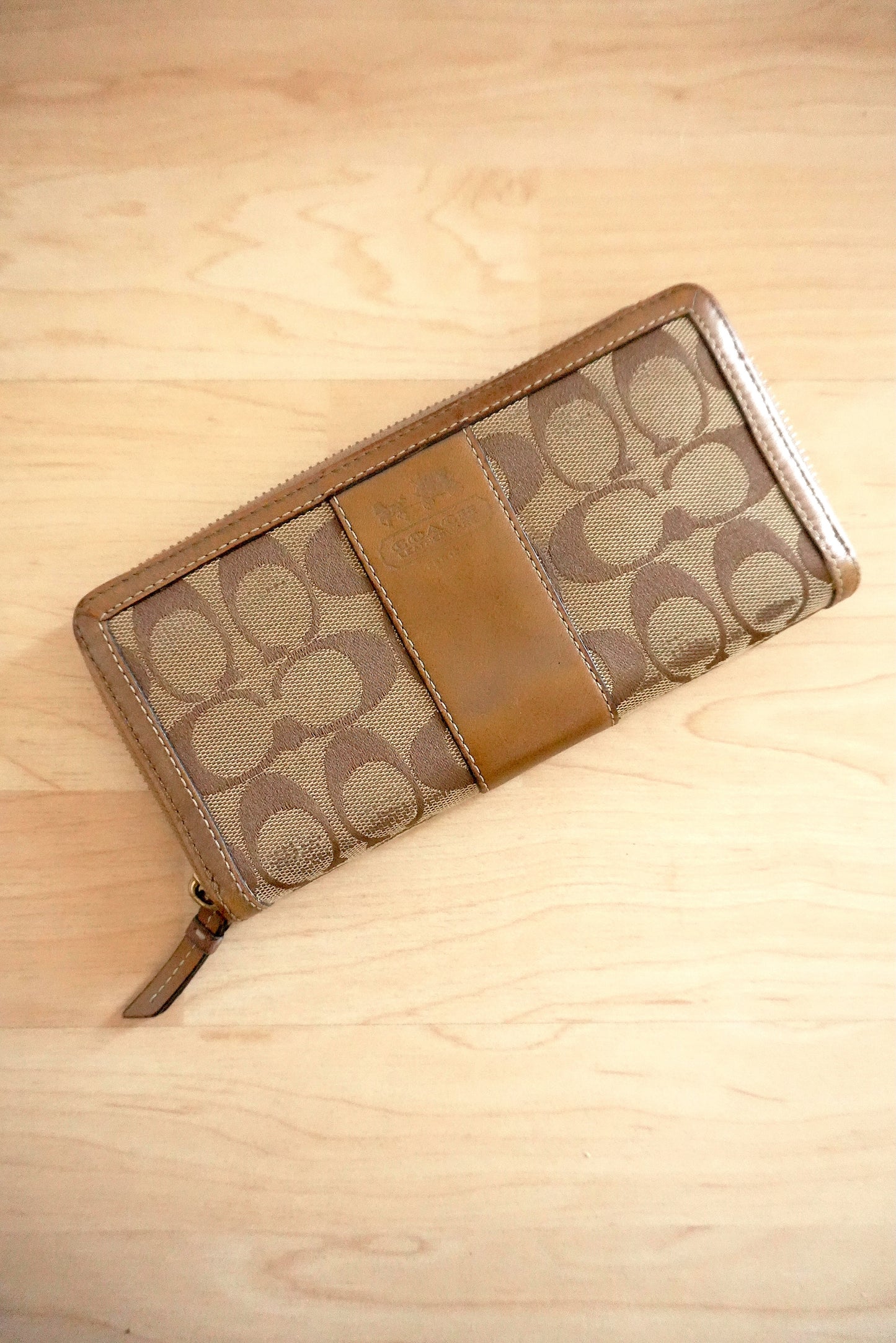 Vintage Coach Zip Around Wallet Brown Leather Monogram Canvas Long Purse Gold