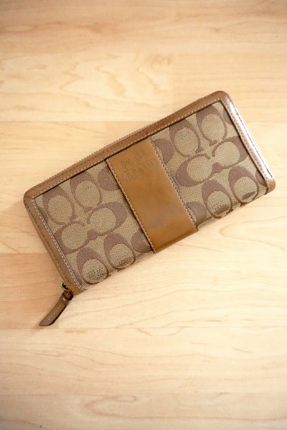 Vintage Coach Zip Around Wallet Brown Leather Monogram Canvas Long Purse Gold
