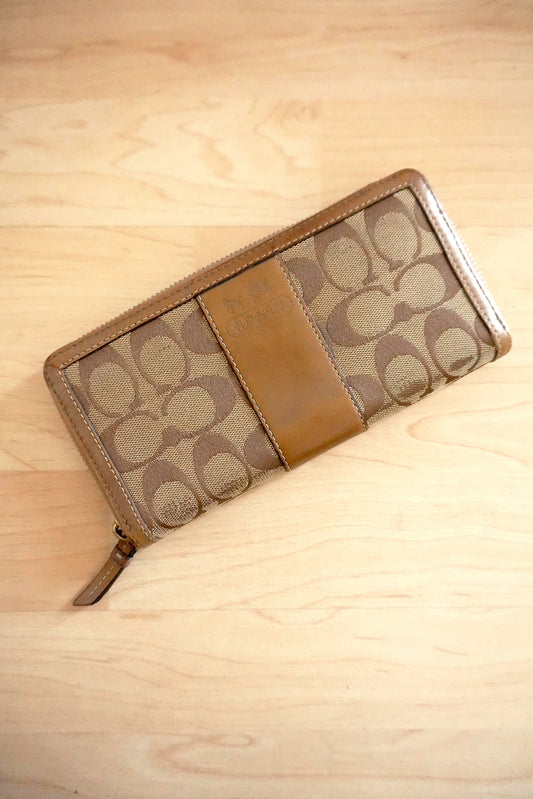 Vintage Coach Zip Around Wallet Brown Leather Monogram Canvas Long Purse Gold