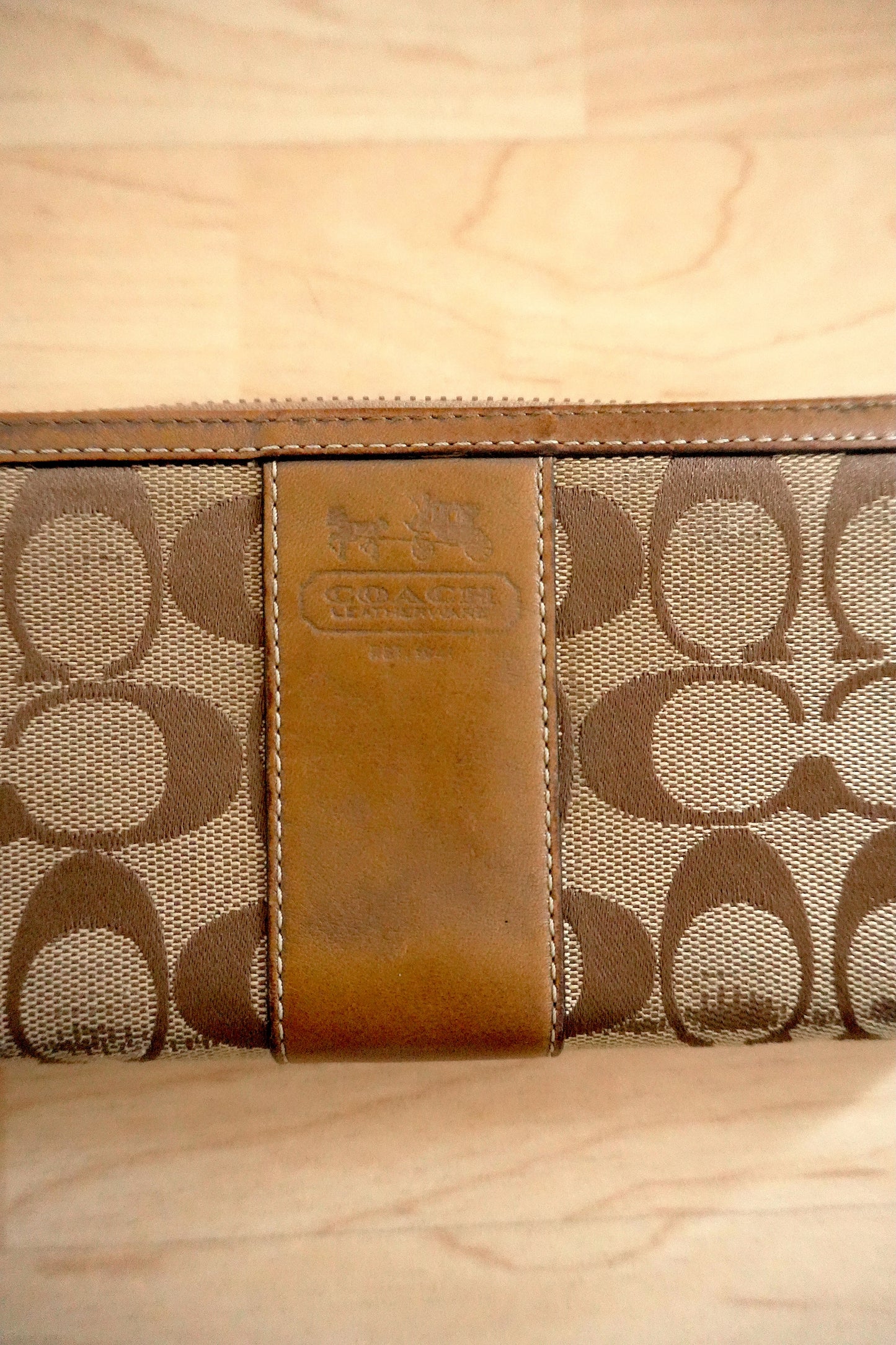Vintage Coach Zip Around Wallet Brown Leather Monogram Canvas Long Purse Gold