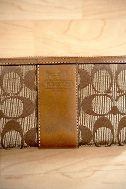 Vintage Coach Zip Around Wallet Brown Leather Monogram Canvas Long Purse Gold