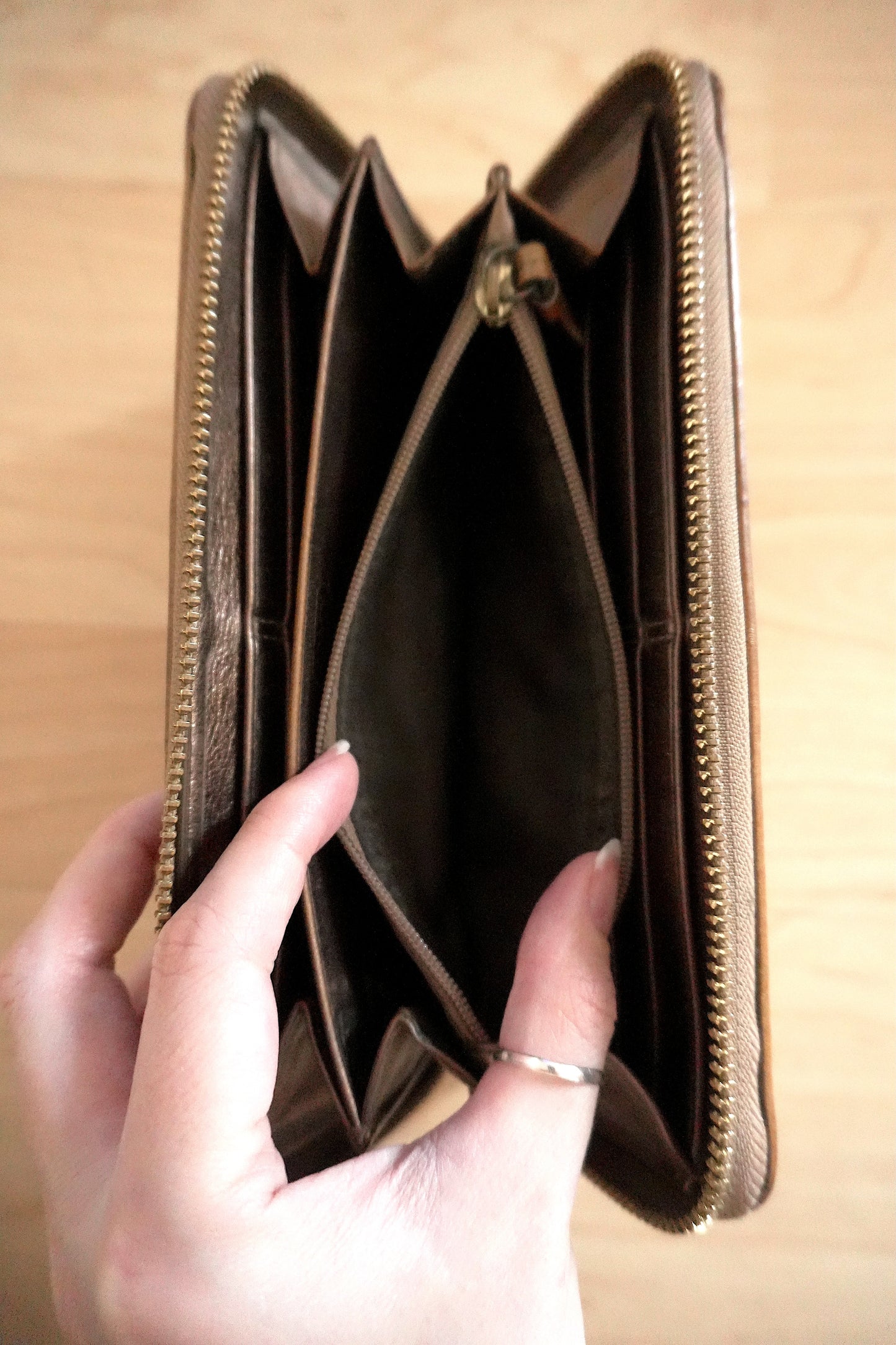 Vintage Coach Zip Around Wallet Brown Leather Monogram Canvas Long Purse Gold