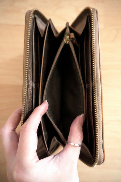 Vintage Coach Zip Around Wallet Brown Leather Monogram Canvas Long Purse Gold