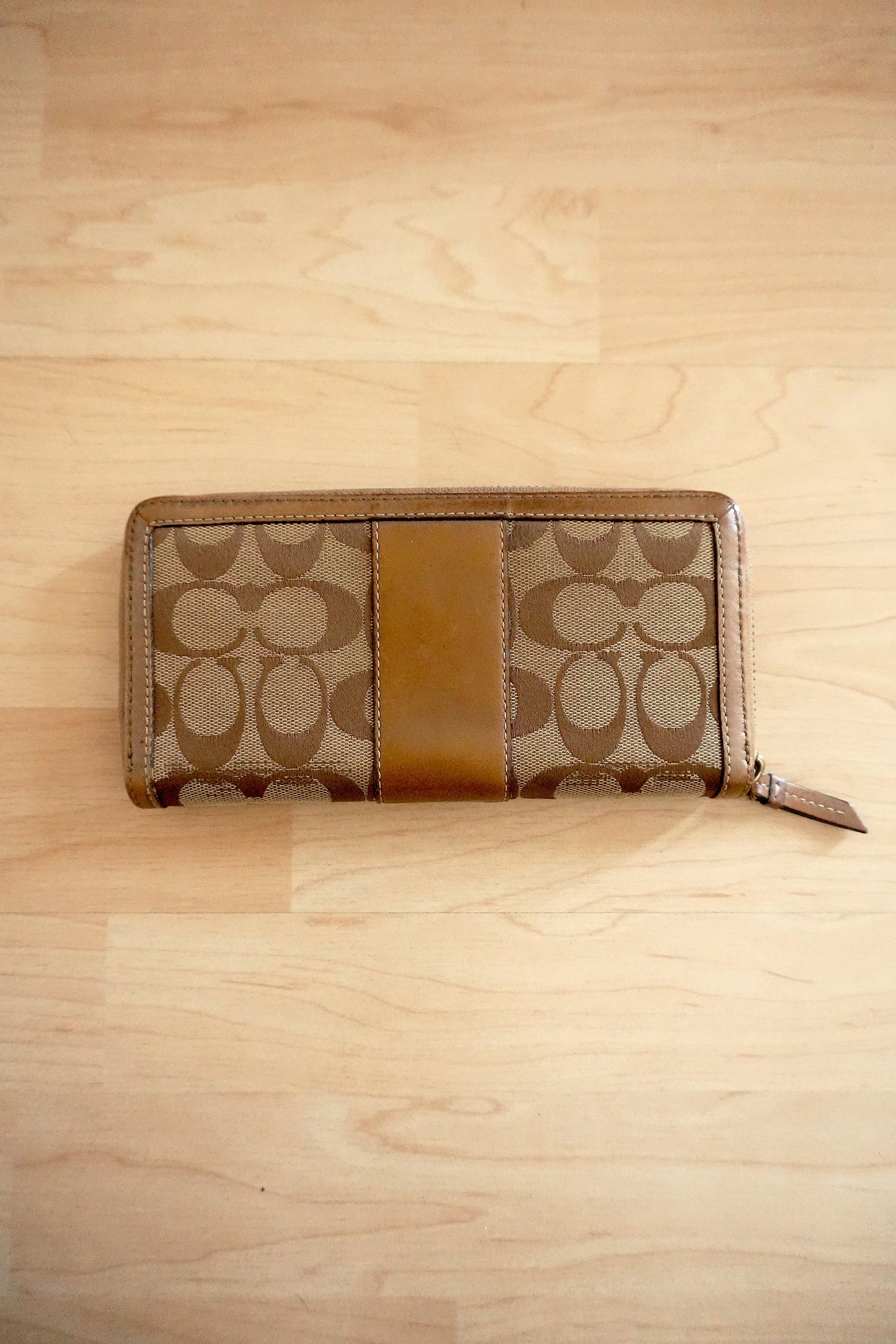 Vintage Coach Zip Around Wallet Brown Leather Monogram Canvas Long Purse Gold
