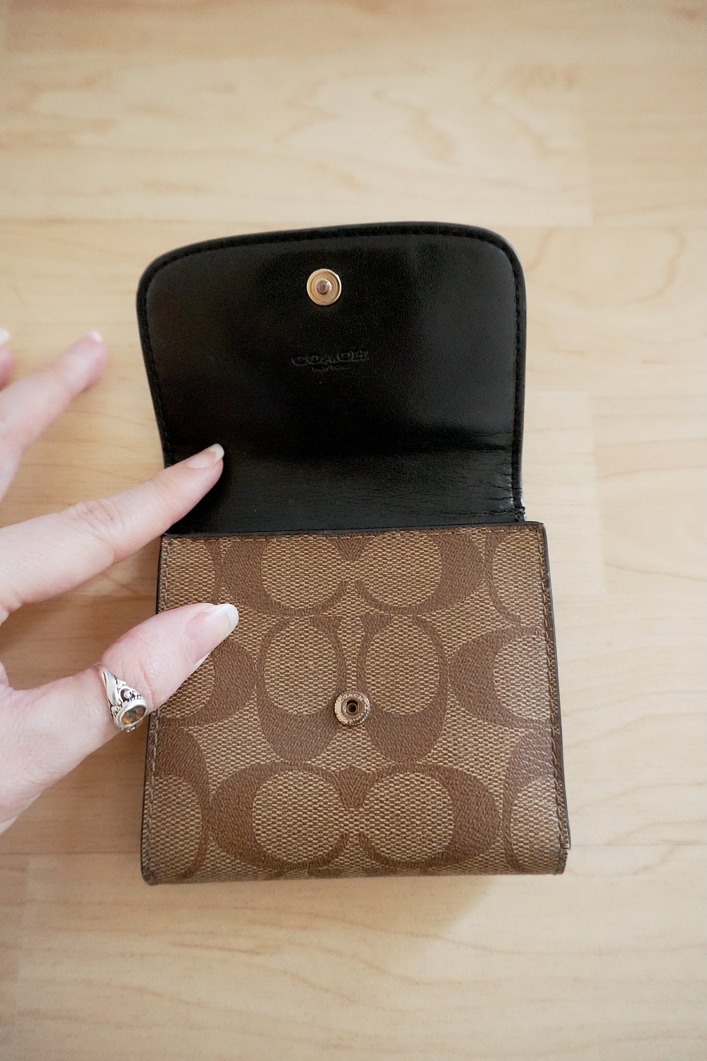 Coach Wallet Black Brown Leather Monogram Flap Small Purse Gold Logo Women's
