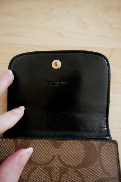 Coach Wallet Black Brown Leather Monogram Flap Small Purse Gold Logo Women's