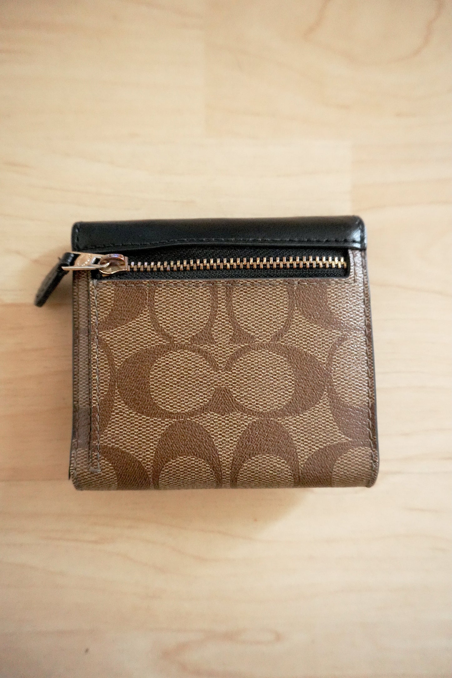 Coach Wallet Black Brown Leather Monogram Flap Small Purse Gold Logo Women's