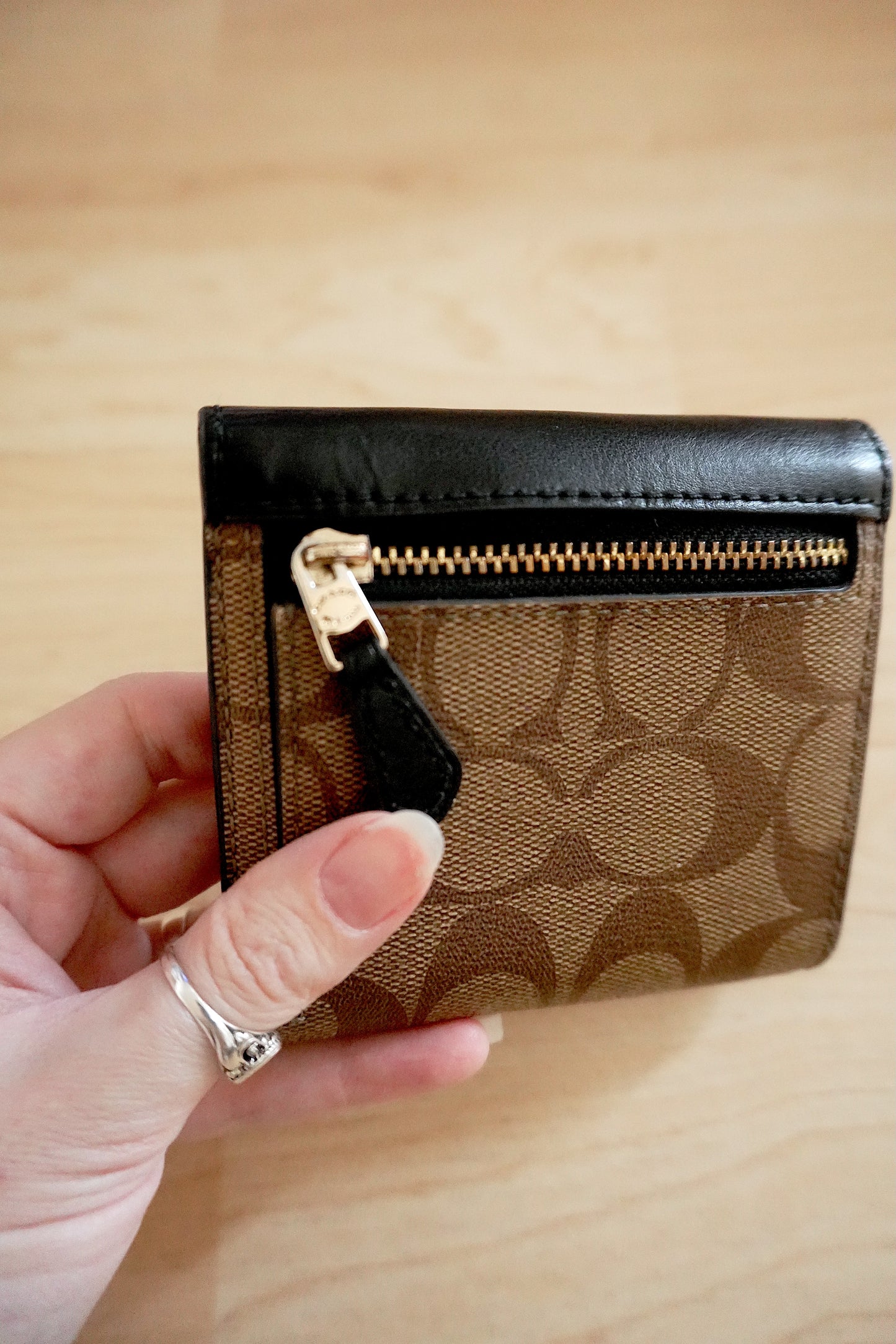 Coach Wallet Black Brown Leather Monogram Flap Small Purse Gold Logo Women's
