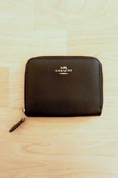 Coach Purse Black Leather Small Zip Around Wallet Gold Logo Zip Women's