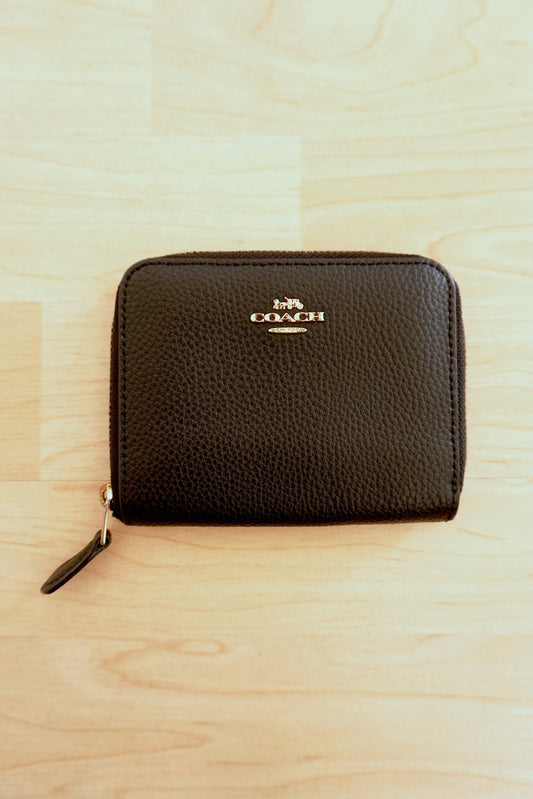 Coach Purse Black Leather Small Zip Around Wallet Gold Logo Zip Women's