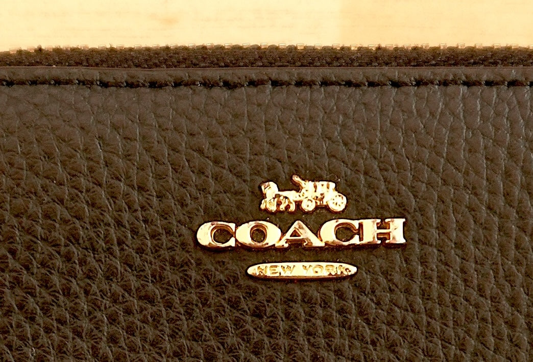 Coach Purse Black Leather Small Zip Around Wallet Gold Logo Zip Women's