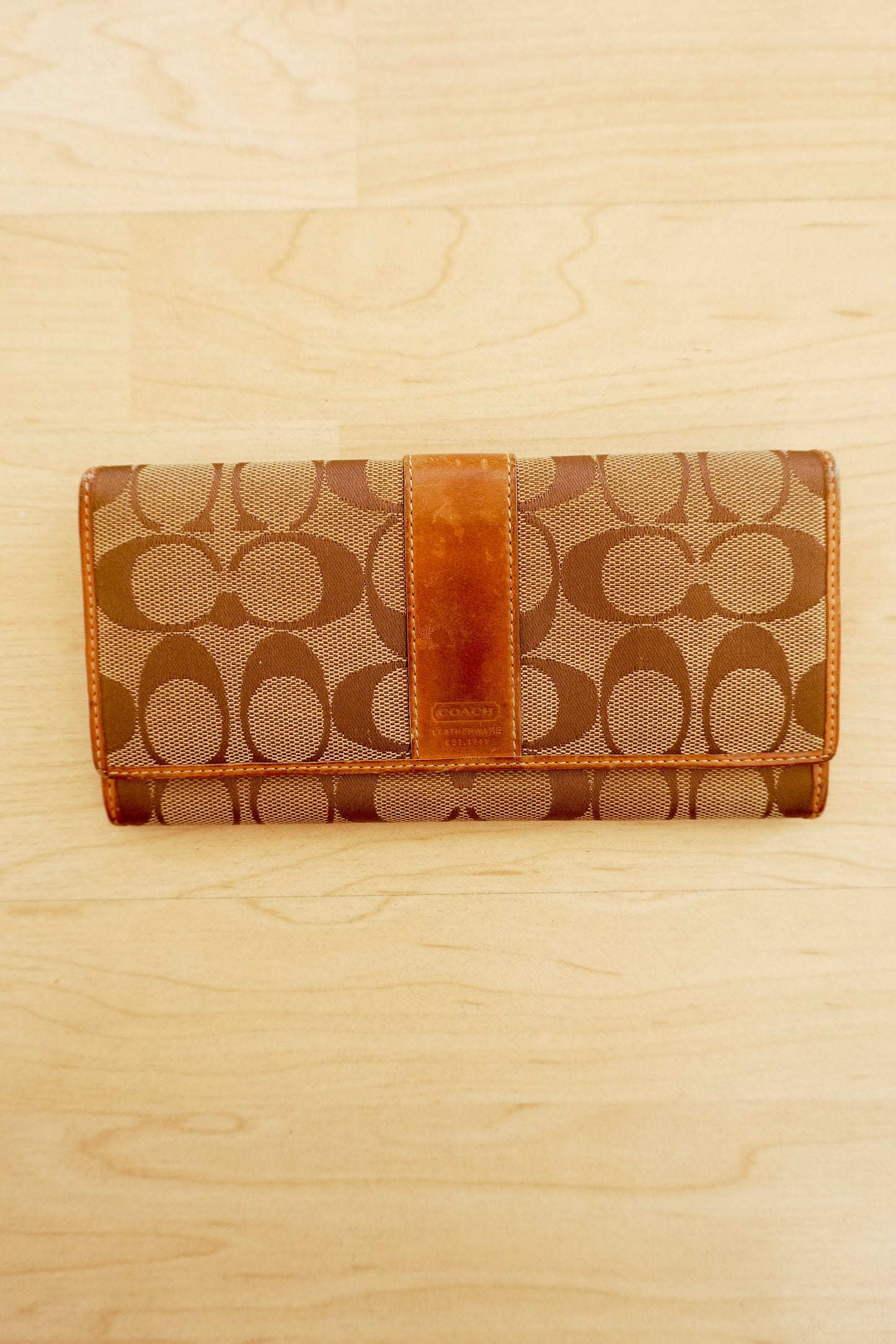 Vintage Coach Wallet Brown Tan Monogram Canvas Leather Long Flap Purse Women’s