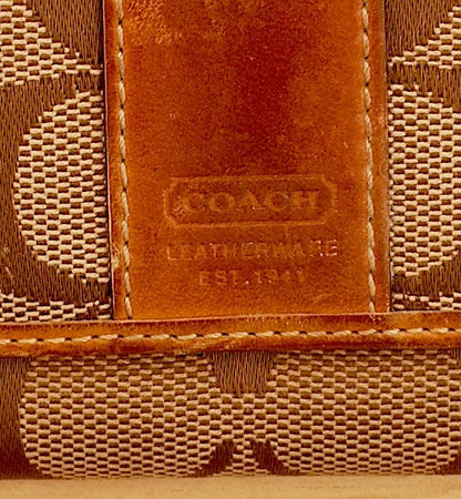 Vintage Coach Wallet Brown Tan Monogram Canvas Leather Long Flap Purse Women’s