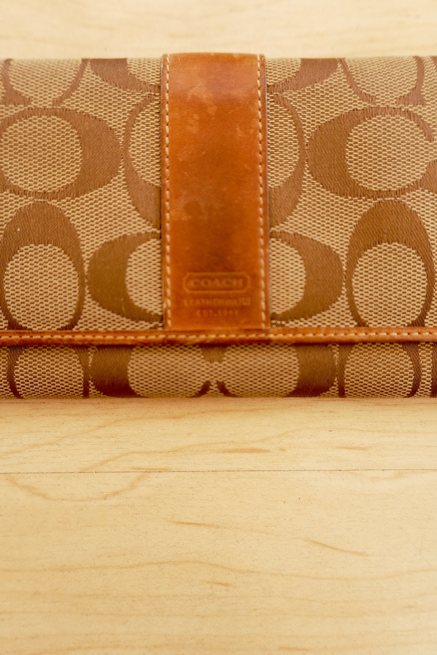 Vintage Coach Wallet Brown Tan Monogram Canvas Leather Long Flap Purse Women’s