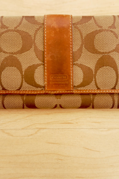 Vintage Coach Wallet Brown Tan Monogram Canvas Leather Long Flap Purse Women’s
