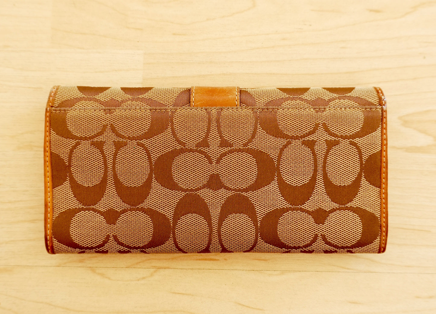 Vintage Coach Wallet Brown Tan Monogram Canvas Leather Long Flap Purse Women’s