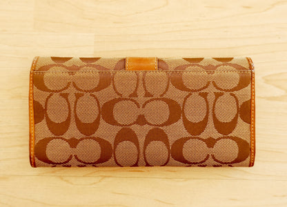 Vintage Coach Wallet Brown Tan Monogram Canvas Leather Long Flap Purse Women’s
